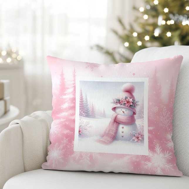 Coussin Pink Snowman Winter Scene Pinkmas Pillow Decor (Pink Snowman Winter Scene Pinkmas Pillow Decor)