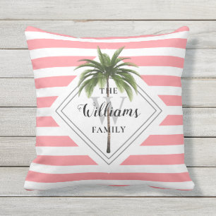 Coussin Pink Stripes Monogramme Nom Tropical Outdoor
