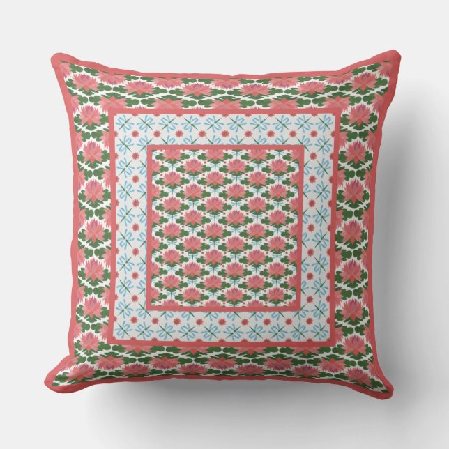 Coussin Pink Water Lys and Dragonflies Coussin, Cushion (Recto)