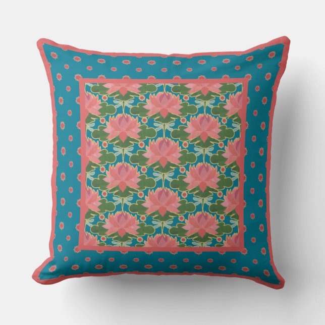 Coussin Pink Water Lys and Dragonflies Coussin, Cushion (Recto)