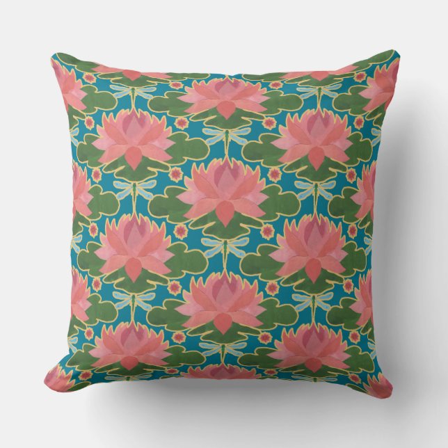 Coussin Pink Water Lys and Dragonflies Coussin, Cushion (Recto)