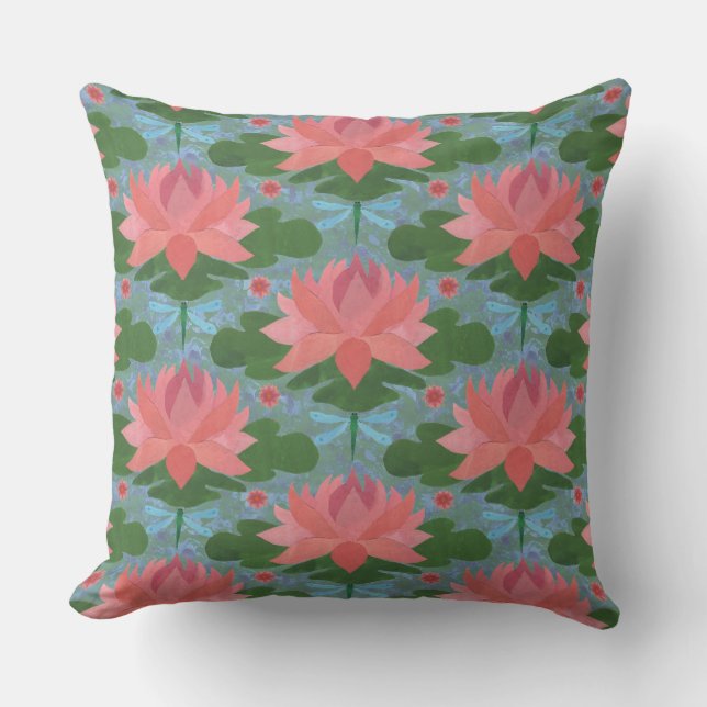 Coussin Pink Water Lys and Dragonflies Coussin, Cushion (Recto)