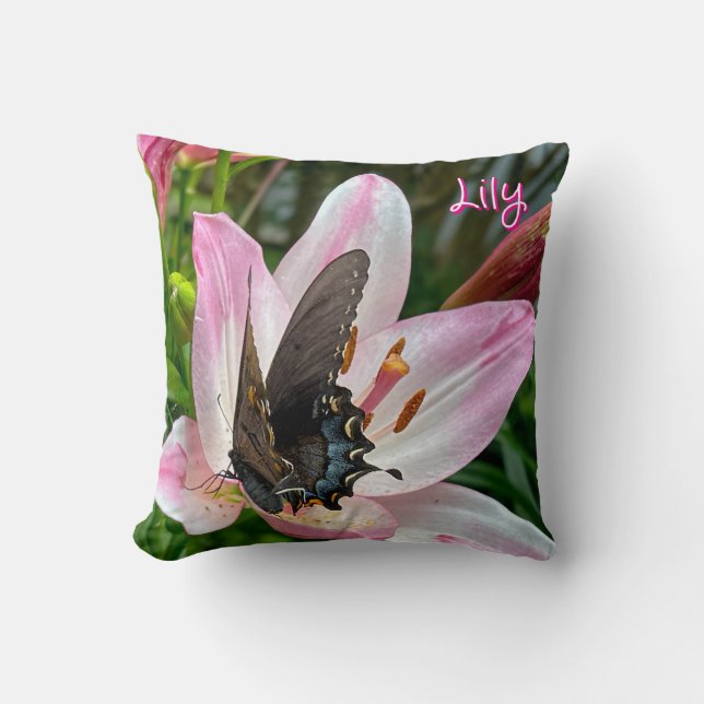Coussin Pink White Tiger Lilly Flower Blue Butfly Nom (Recto)