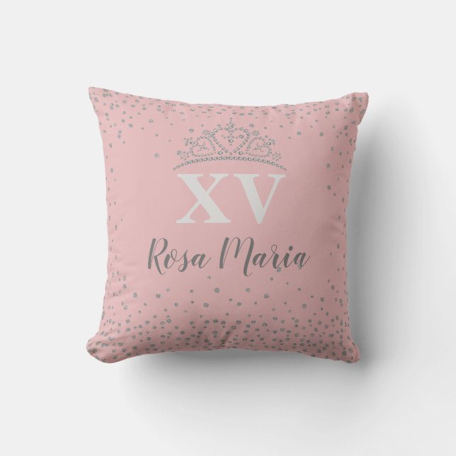Coussin Pink XV 15 Quinceañera Parties scintillant  Crown  (Recto)