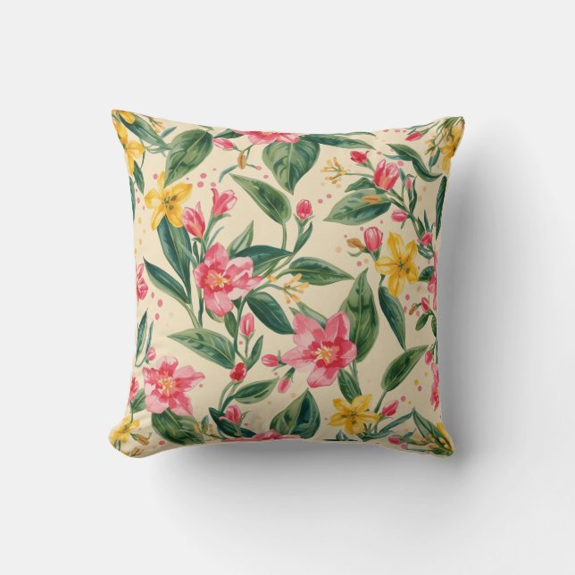 Coussin Pink Yellow Flowers, Florals, Yellow Stripes (Recto)
