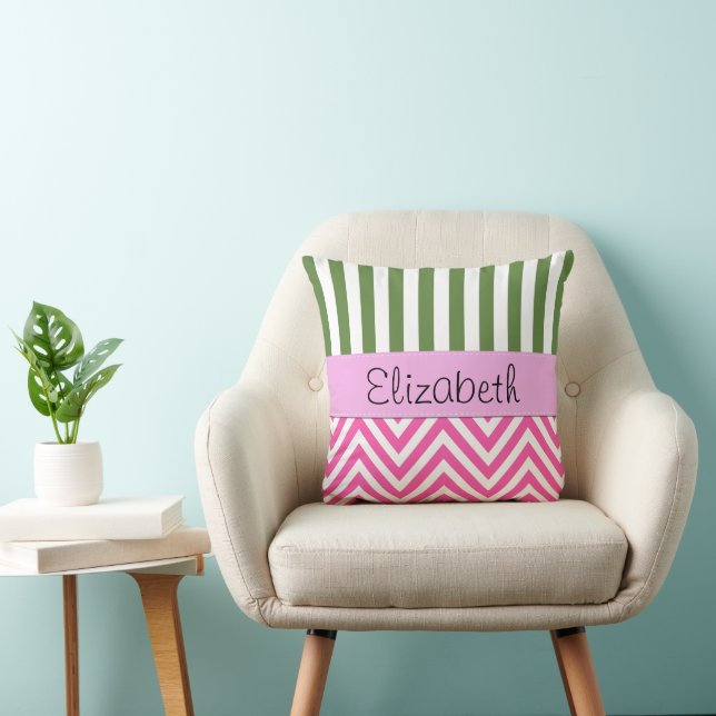 Coussin Pink Zigzag, chevron, Green Stripes, Your Name (Chaise)