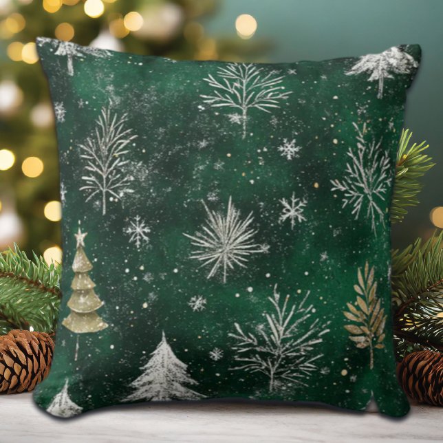 Coussin Pins d'or Silver Snowflakes Hunter Green (Créateur téléchargé)