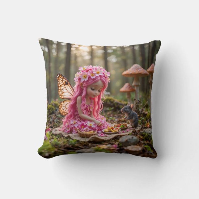 Coussin Pique-nique mignon rose Pixie et souris (Recto)
