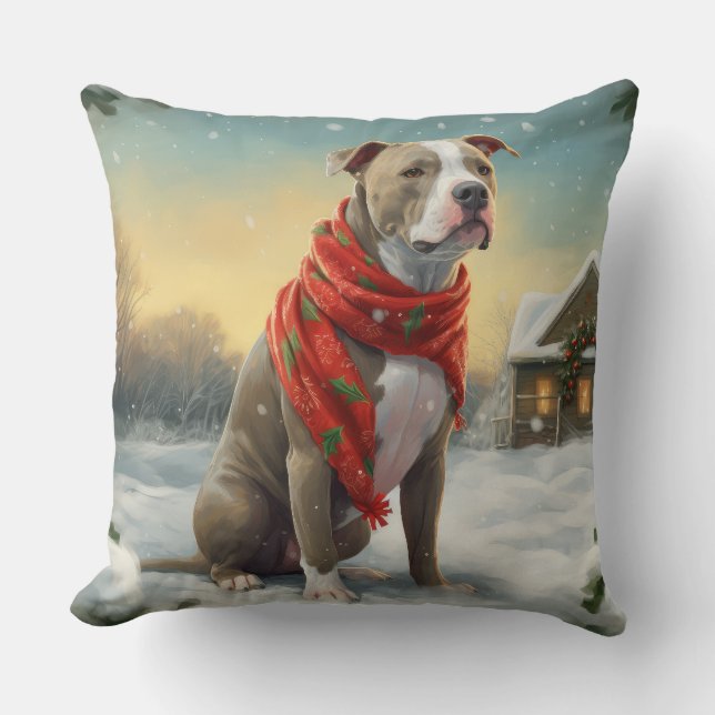 Coussin Pitbull Chien dans Noël de neige (Recto)