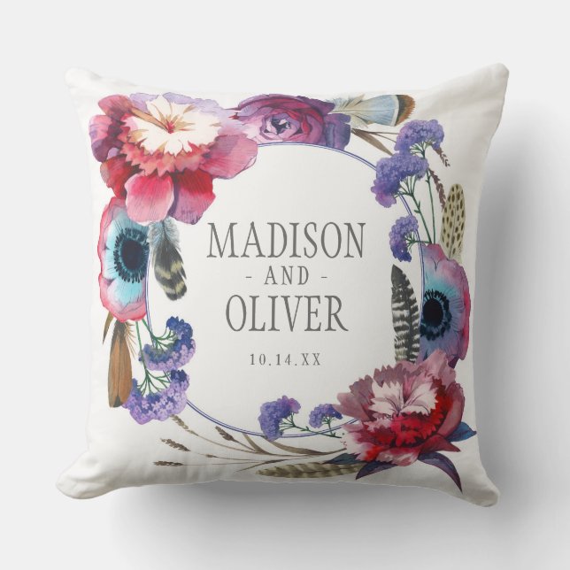 Coussin Pivoine de fleur sauvage florale avec des plumes | (Recto)