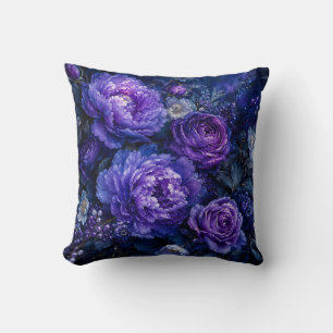 Coussin Pivoine florale bleu indigo profond et violet