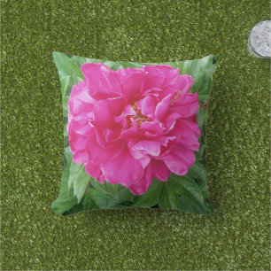 Coussin Pivoine rose botanique Feuilles vertes 