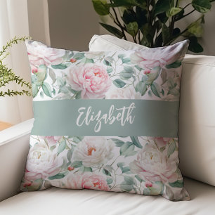 Coussin Pivoines florales à l'aquarelle Nom Script Rose Ve