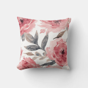 Coussin Pivoines roses aquarelle florale botanique peinte