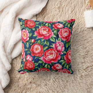 Coussin Pivoines roses rouges & motif bleu à feuilles vert