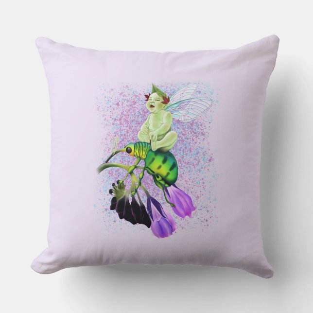 Coussin Pixie de bébé riant chevauchant un scarabée (Recto)
