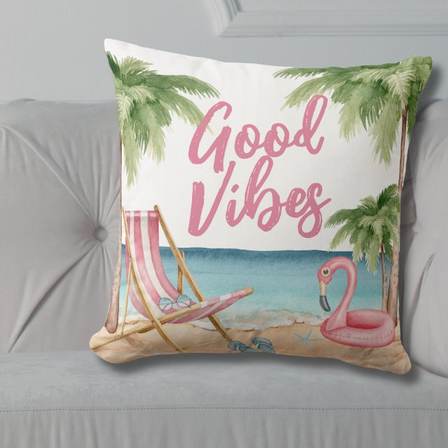 Coussin Plage d'aquarelle de Palm Tree (Colorful Good Vibes Palm Tree Watercolor Beach Throw Pillow)