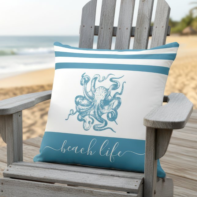 Coussin Plage de poulpe bleu turquoise script simple moder (Créateur téléchargé)