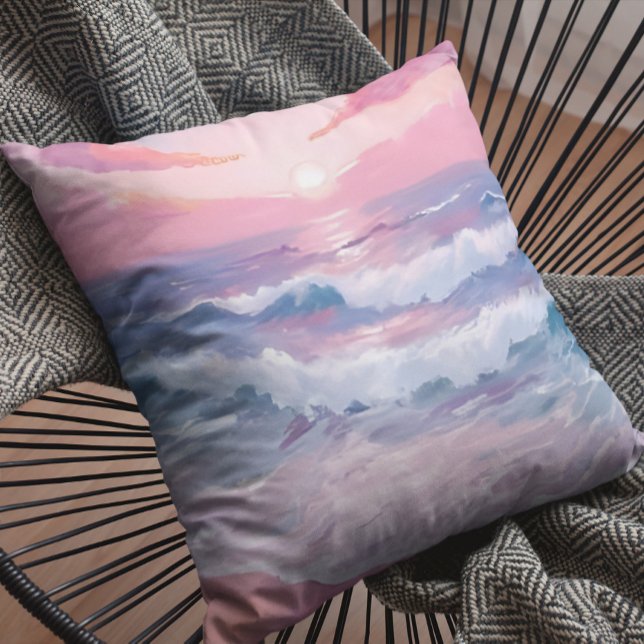 Coussin Plage Rose Rivage Océan Peint (Créateur téléchargé)