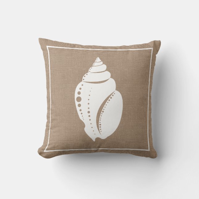 Coussin Plage Rustique White Seashell & Faux Burlap (Recto)