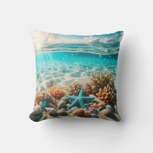 Coussin Plage tropicale Aqua Blue Starfish Seashell (Recto)