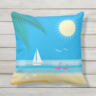 Coussin Plage tropicale avec des Flamants roses sur le