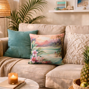 Coussin Plage tropicale rose