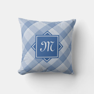 Coussin Plaid Bleu Chic Avec Monogramme Diagonal Moderne