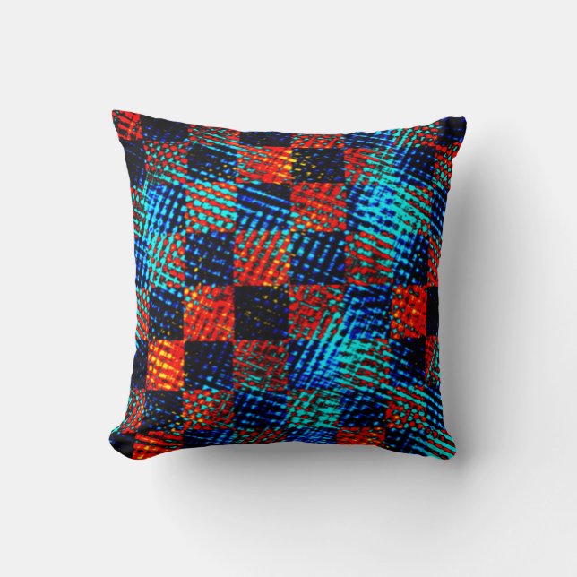 Coussin Plaid bleu et rouge, taché ou faux sale (Recto)