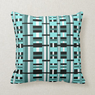 Coussin Plaid en Aqua, Turquoise, noir & blanc