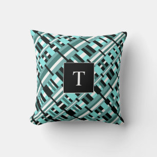 Coussin Plaid en Aqua, Turquoise, noir et blanc