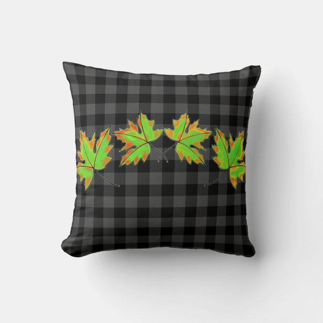 Coussin Plaid gris avec Feuilles d'érable d'automne (Recto)