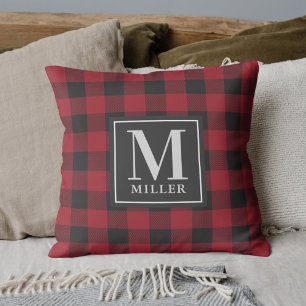 Coussin Plaid Rouge Fermier Monogramme Nom de Famille
