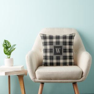 Coussin Plaid rustique noir et blanc avec monogramme