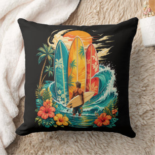 Coussin Planche de surf Hawaï vague plage surfeur vintage
