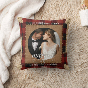 Coussin Plaque de bois rustique à carreaux Premier Noël Ma