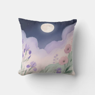Coussin Pleine Lune Aquarelle Iris Floral Nuit