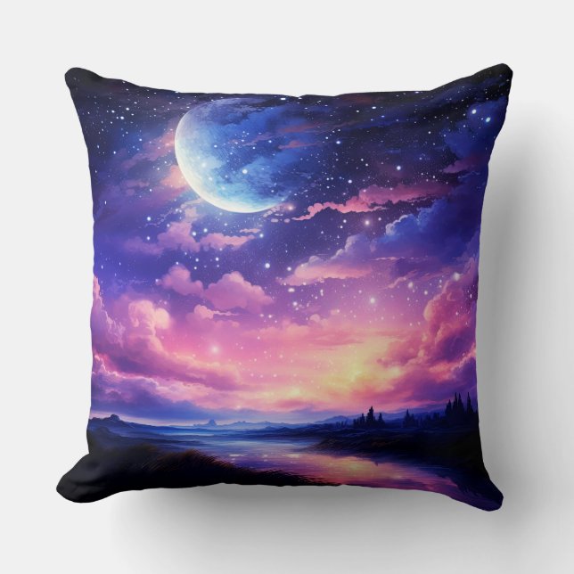 Coussin Pleine lune Céleste Étoiles Nuages Mystique Violet (Recto)