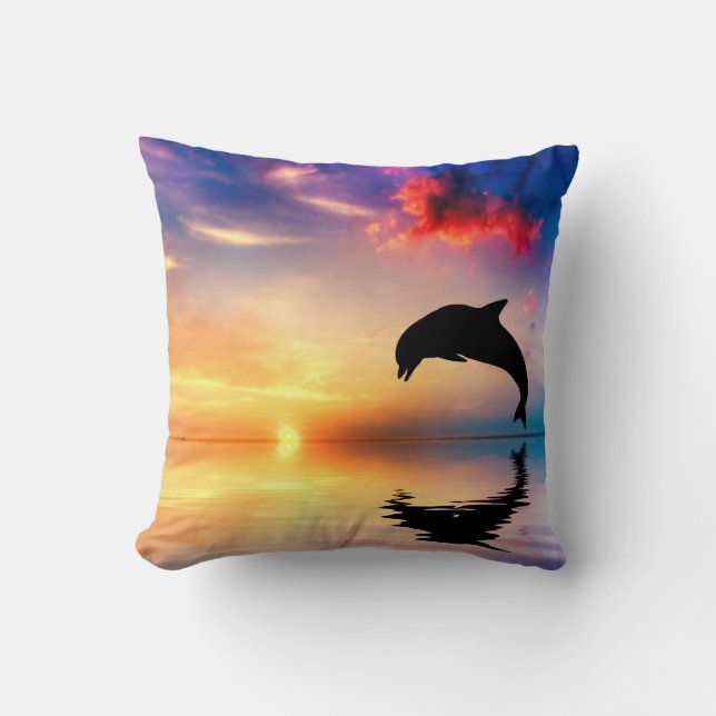Coussin Plongée de dauphin au jet de coucher du soleil (Recto)