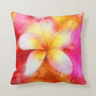 Coussin Plumeria hawaïenne au néon rose, jaune et blanc
