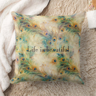 Coussin Plumes Aqua Green Gold Peacock