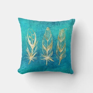 Coussin Plumes bleu et or turquoise