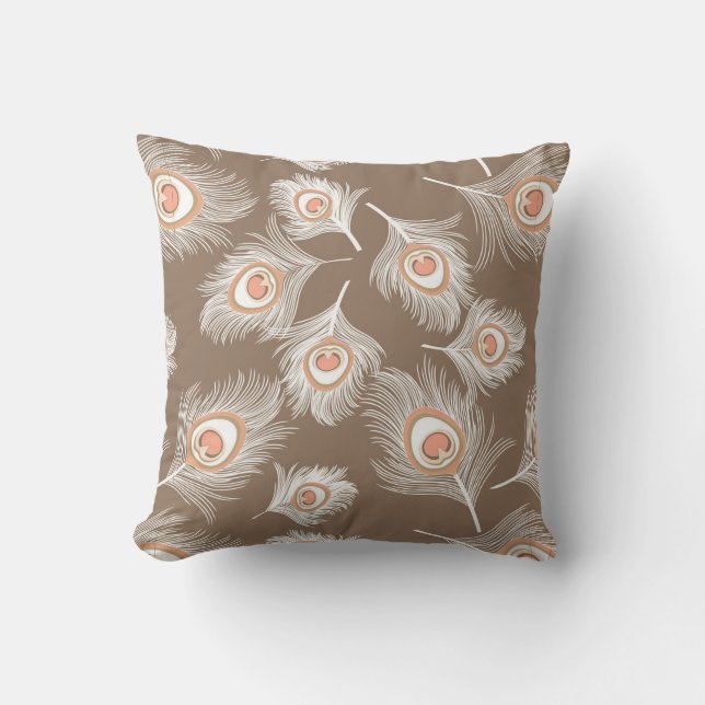 Coussin Plumes de paon blanches et de poches sur Taupe Tan (Recto)