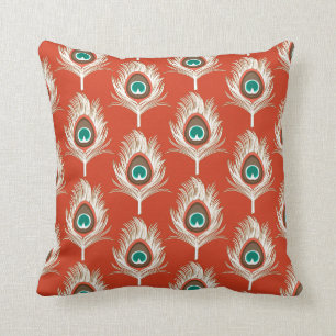 Coussin Plumes de paon, blanches sur la mandarine