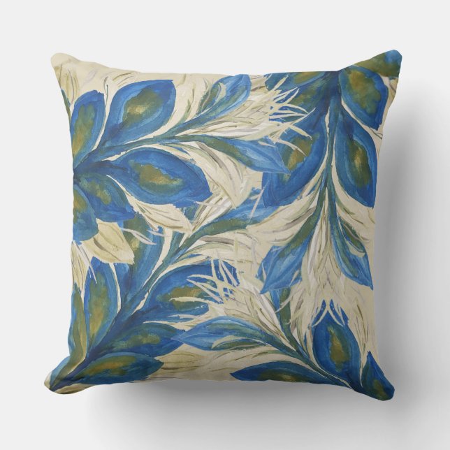 Coussin Plumes de paon bleu Aquarelle peinte à la main (Recto)