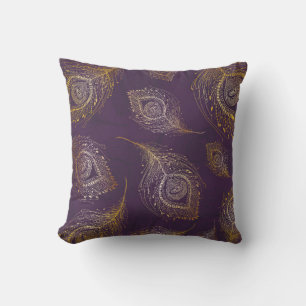 Coussin Plumes de paon or en arrière - plan violet
