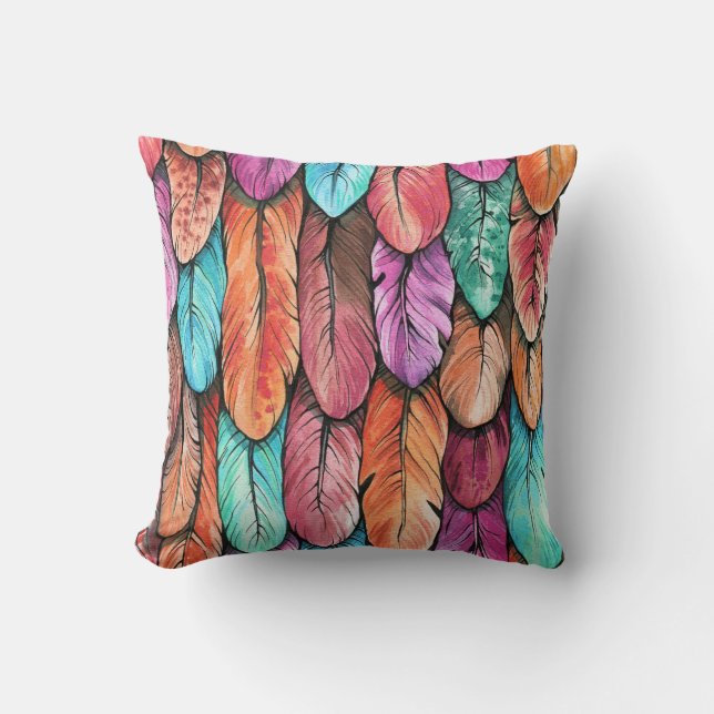 Coussin Plumes d'oiseaux, aquarelle, motif transparent. (Recto)