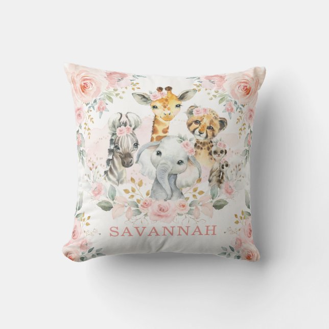 Coussin Plutôt Rose Blush Jungle Safari Animaux Bébé Fille (Recto)