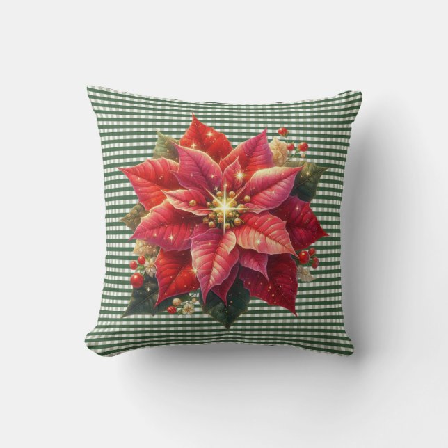 Coussin Poinsettia and Green Stripe Christmas Holiday (Recto)