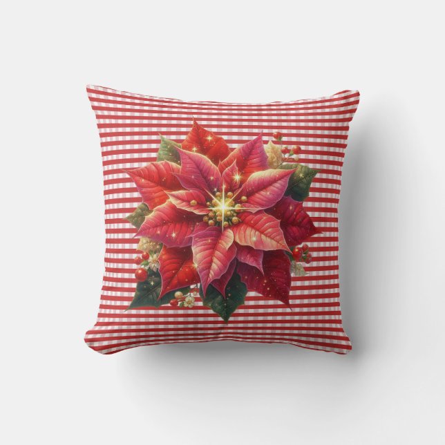 Coussin Poinsettia and Red Stripe Christmas Holiday (Recto)